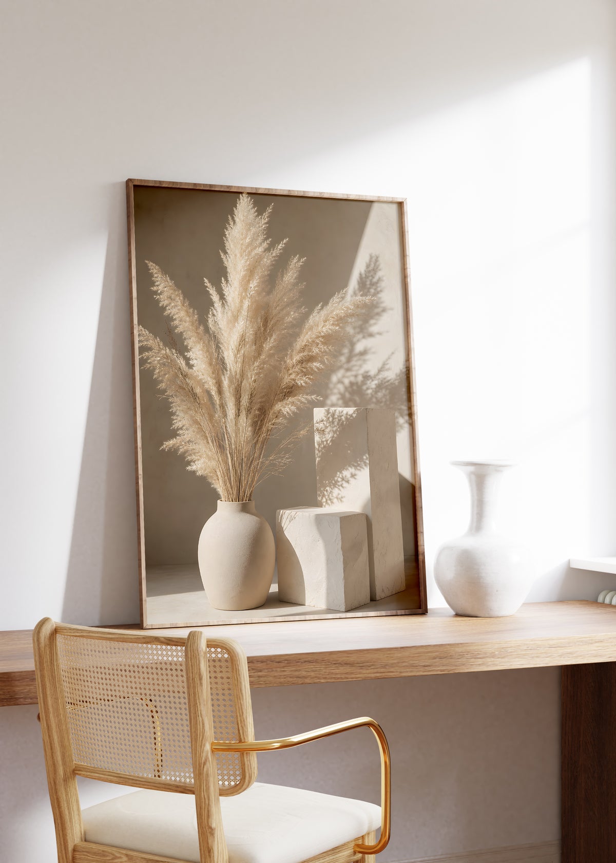 Gerahmtes Poster mit einer hellen Vase mit Pampasgras neben geometrischen Steinformen und Schatten, auf einem Holztisch neben einer weißen Vase.