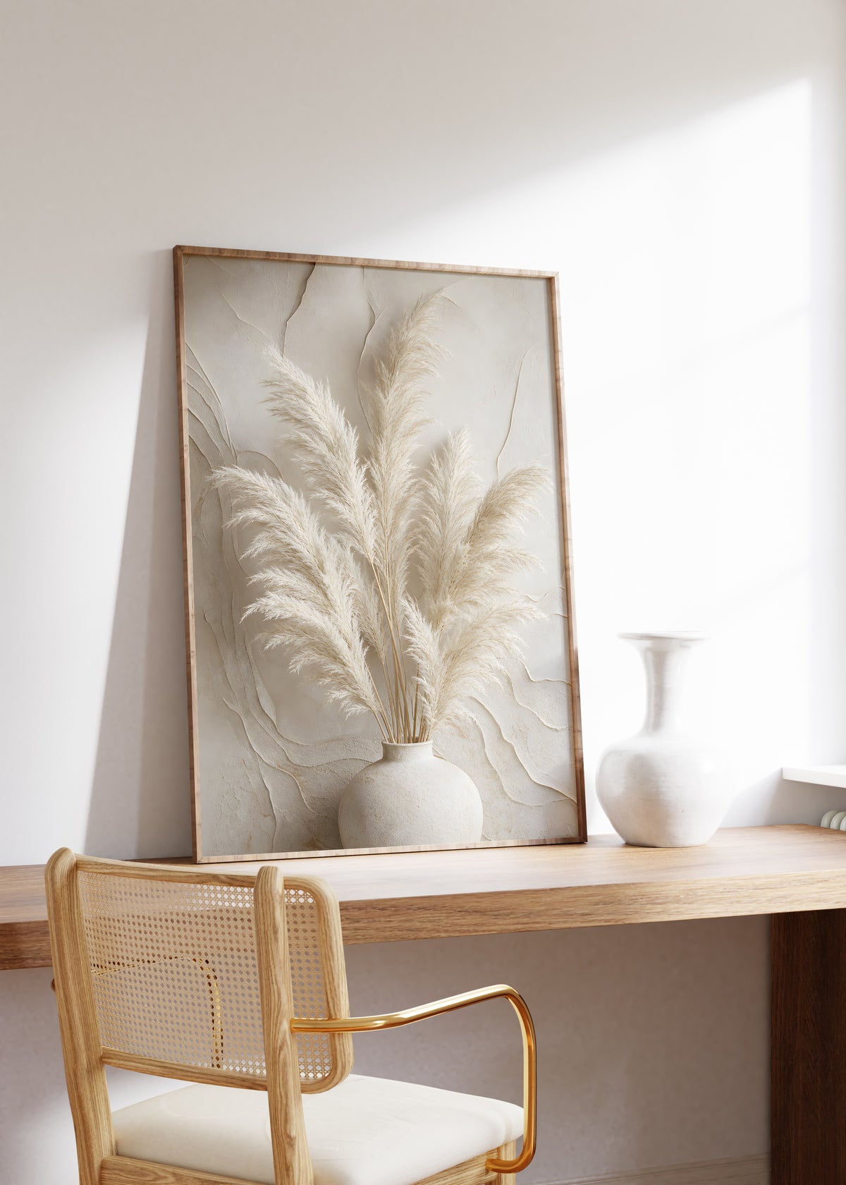 Gerahmtes Poster mit einem hellen Pampasbouquet in einer weißen Vase vor einer reliefartig strukturierten Wand, auf einem Holztisch neben einer weißen Vase.