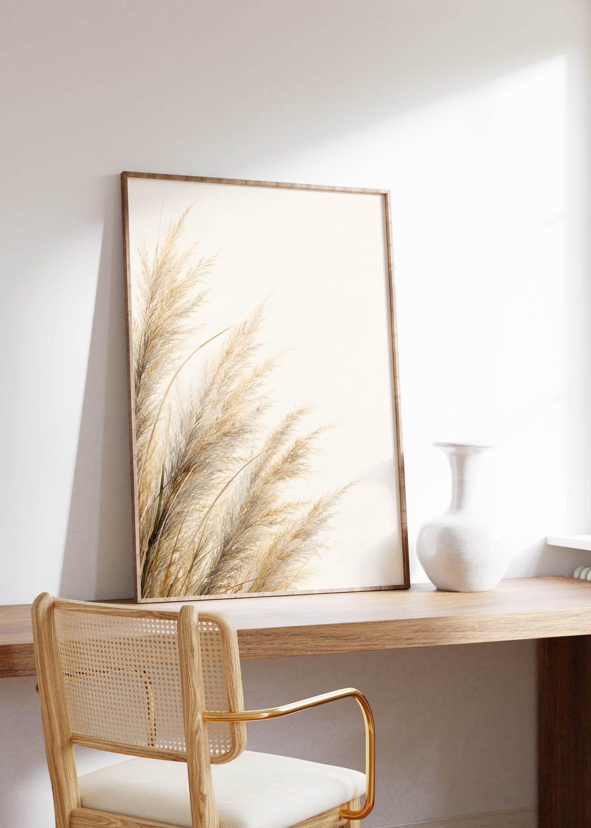 Gerahmtes Poster mit filigran illustrierten Pampaswedeln am linken Bildrand vor cremefarbenem Hintergrund, auf einem Holztisch neben einer weißen Vase.
