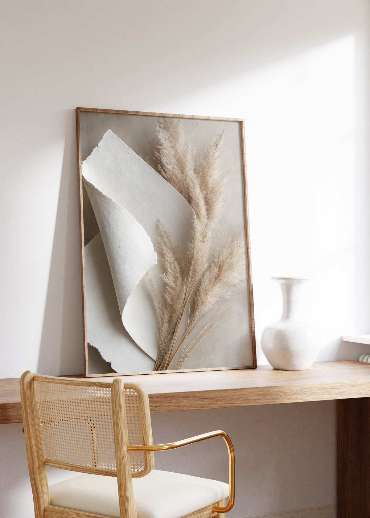 Gerahmtes Poster mit beigen Pampaswedeln neben gefaltetem weißem Naturpapier, auf einem Holztisch neben einer weißen Vase.