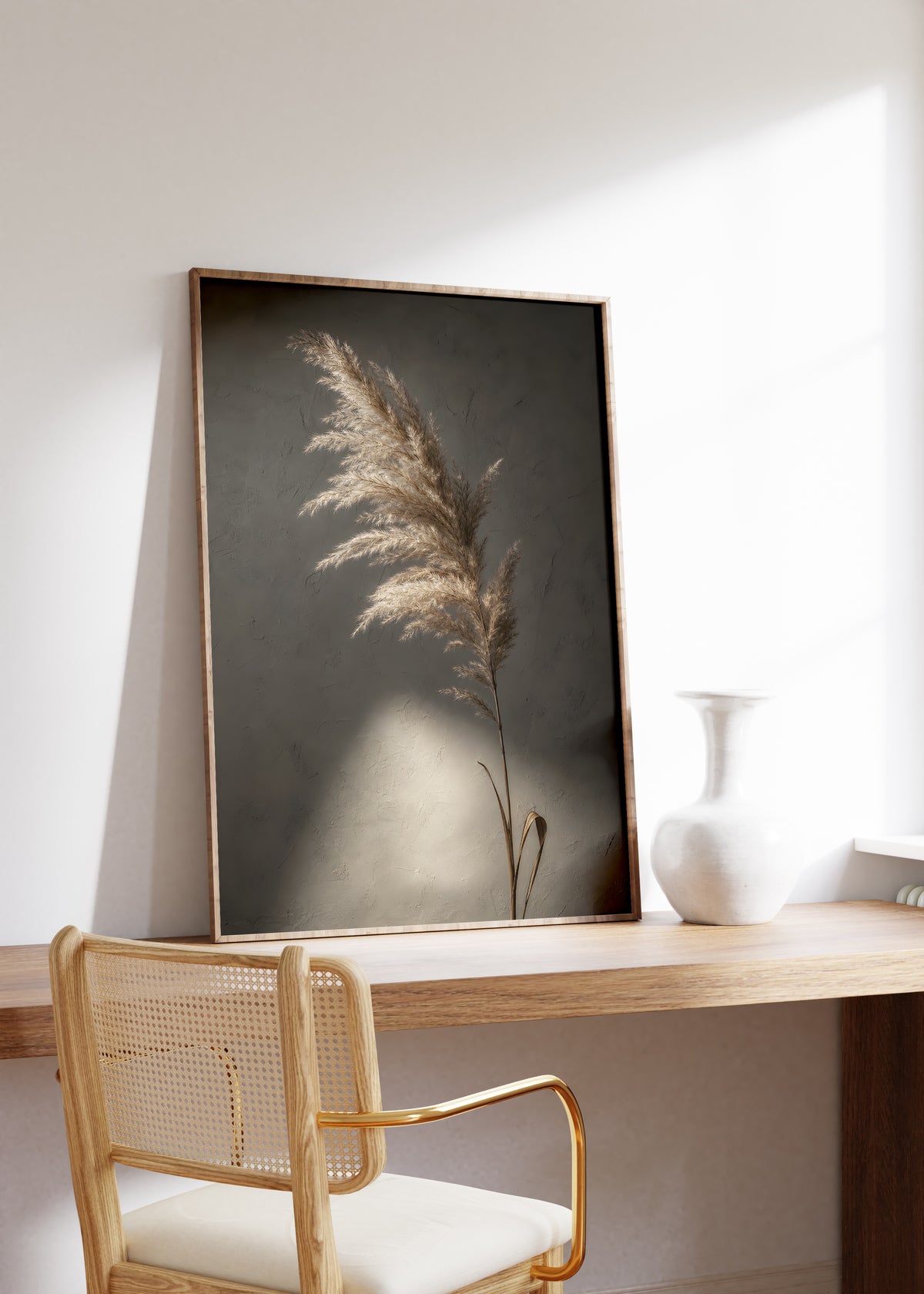 Gerahmtes Poster mit einem braunbeigen Pampaswedel vor dunklem Hintergrund mit einem hellen Lichtfleck, auf einem Holztisch neben einer weißen Vase.