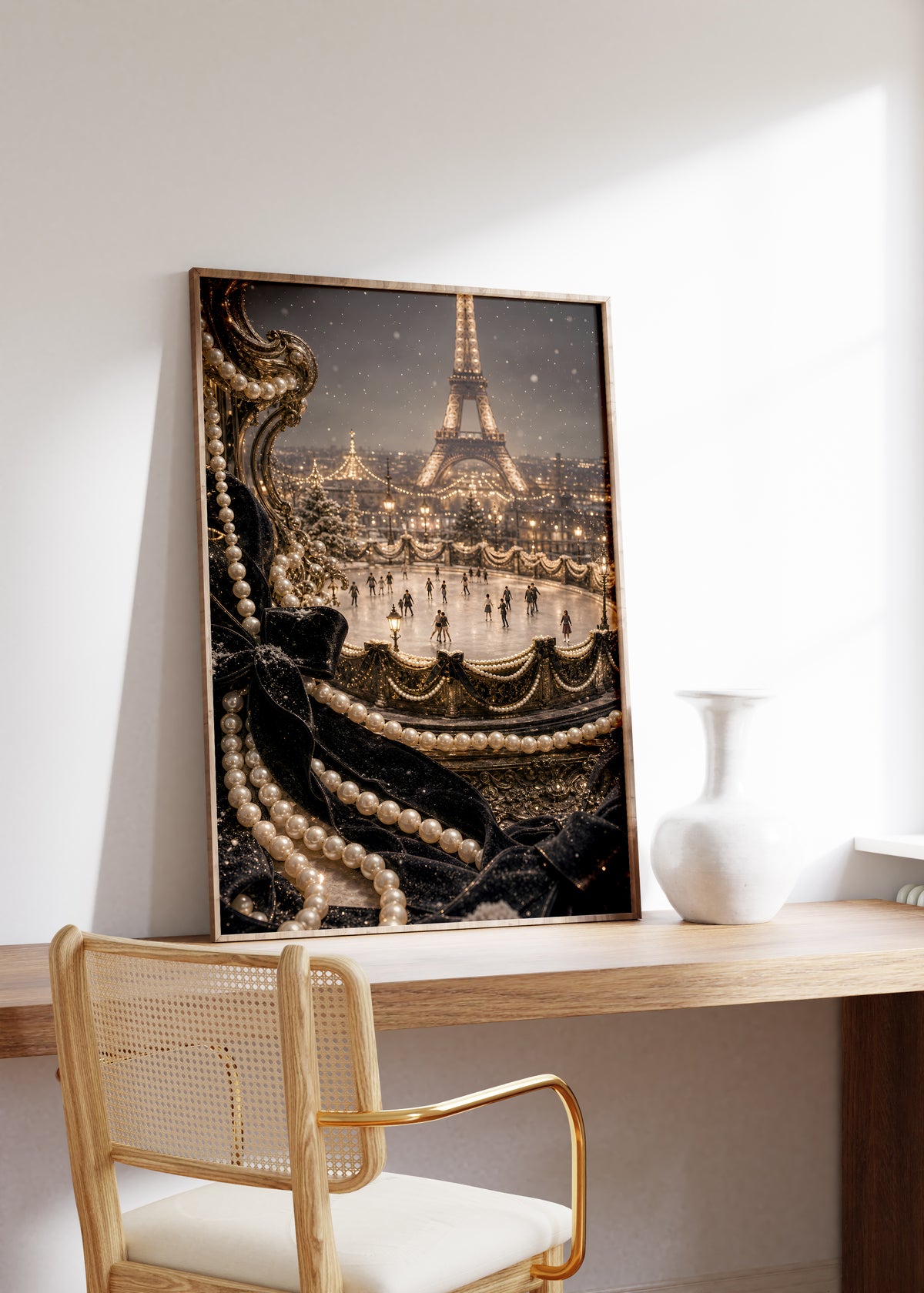 Gerahmtes Poster mit einer beleuchteten Pariser Eisbahn vor dem Eiffelturm, umrahmt von Perlen und schwarzem Samt, auf einem Holztisch neben einer weißen Vase.