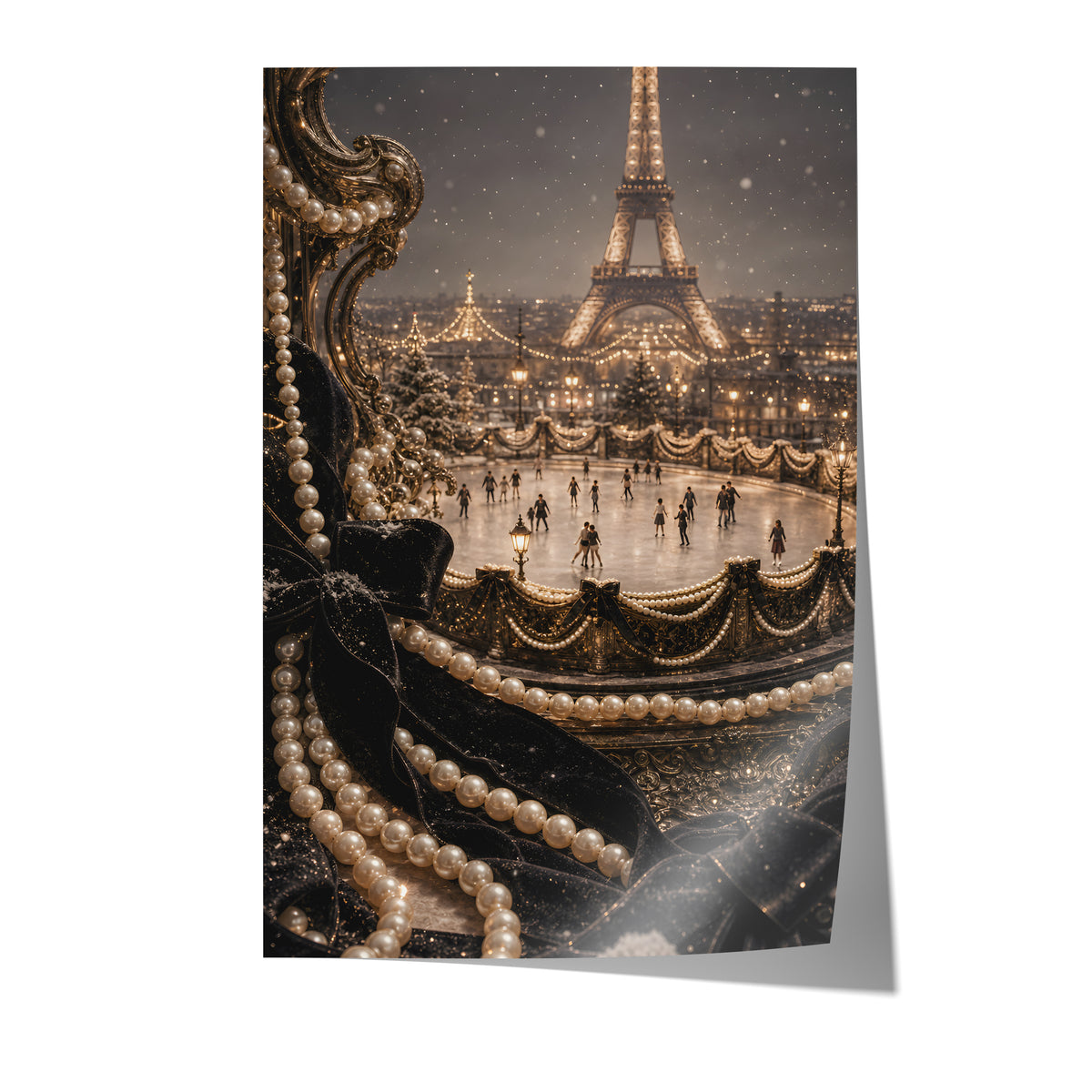 Poster mit einer beleuchteten Pariser Eisbahn vor dem Eiffelturm, umrahmt von Perlen und schwarzem Samt auf weißem Hintergrund.