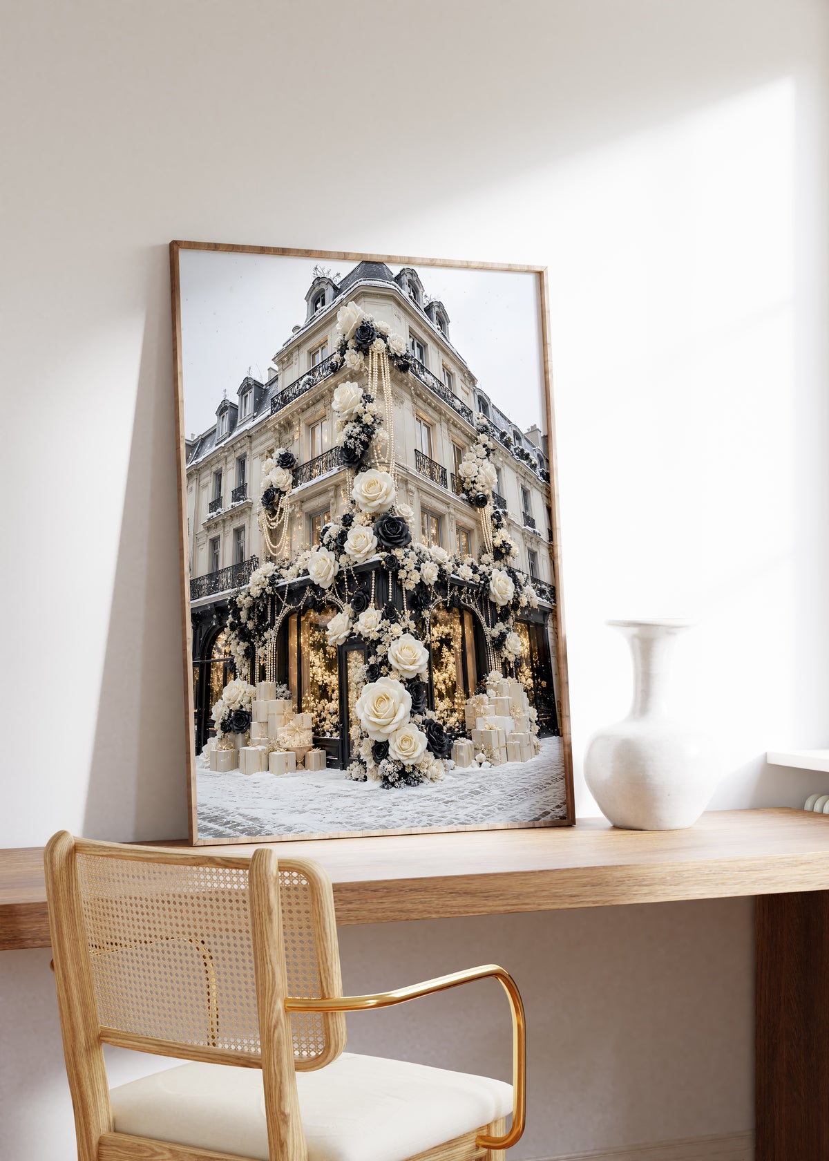 Gerahmtes Poster mit einer Pariser Hausfassade mit weißen und schwarzen Rosen im Schnee, auf einem Holztisch neben einer weißen Vase.