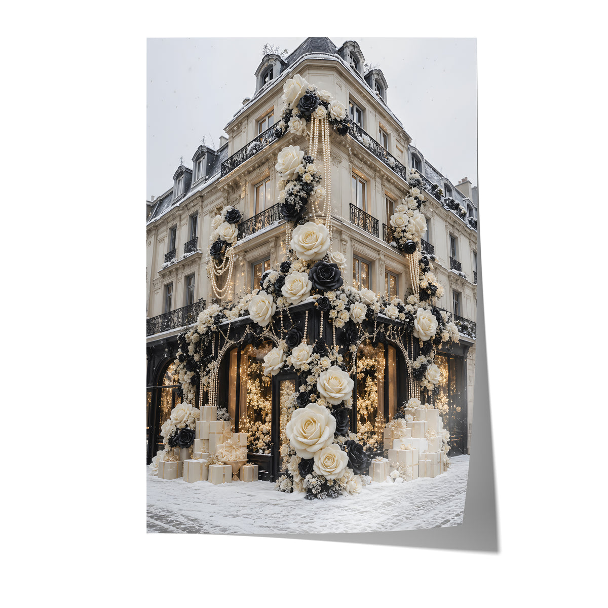 Poster mit einer Pariser Hausfassade mit weißen und schwarzen Rosen im Schnee auf weißem Hintergrund.