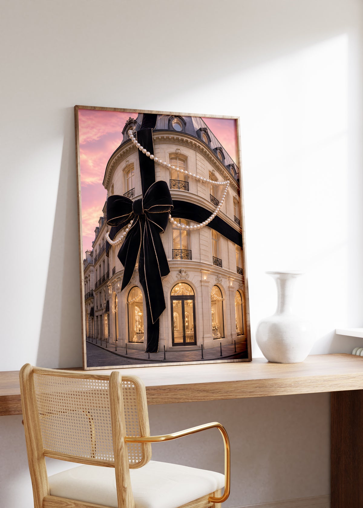 Gerahmtes Poster mit Pariser Hausfassade mit großer schwarzer Schleife und Perlenketten unter rosafarbenem Himmel, als einzelne Wanddekoration in einer Wohnraumansicht.