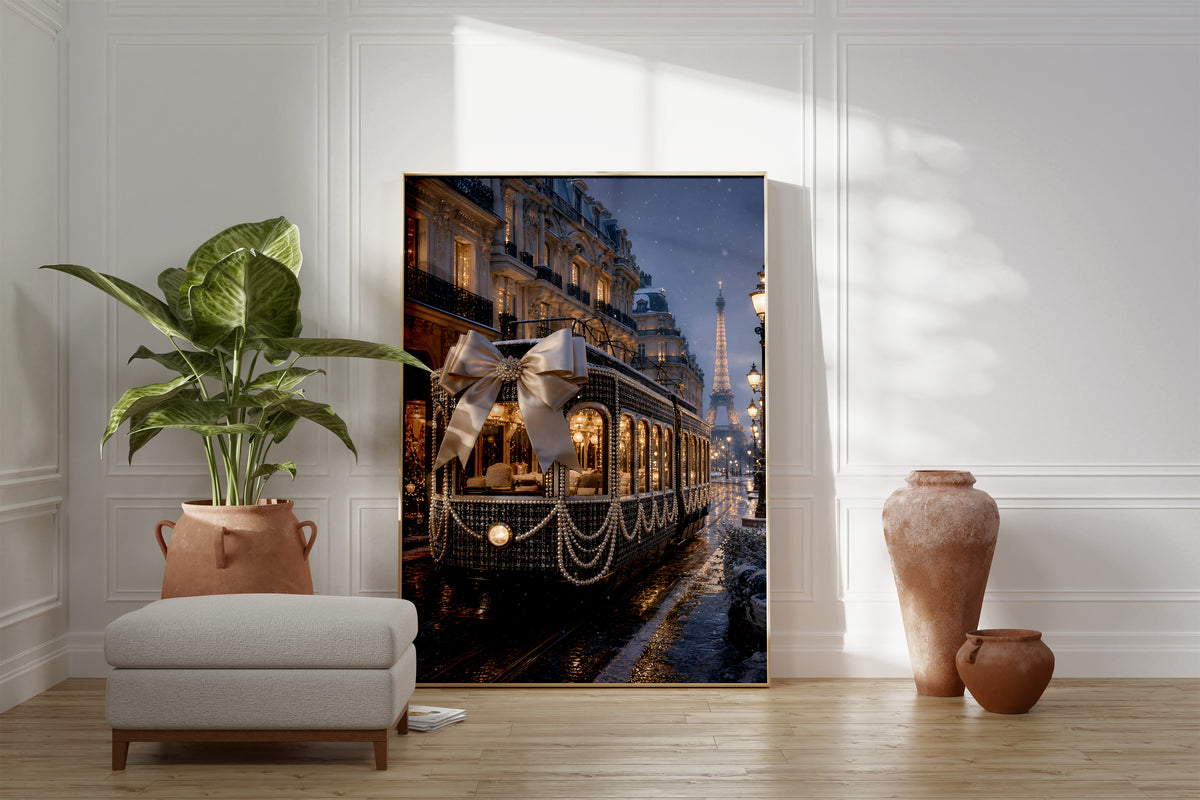 Motiv mit dunkler Pariser Straßenbahn mit großer Satinschleife und Perlenketten im Abendlicht, als gerahmtes Poster neben Sessel und Zimmerpflanze.