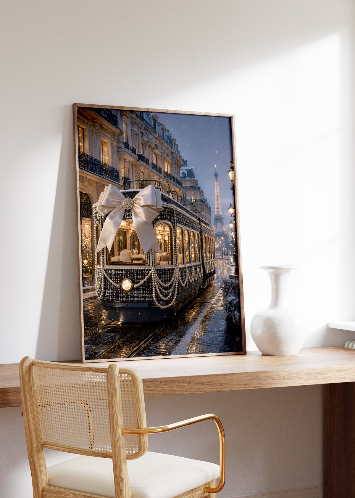 Gerahmtes Poster mit dunkler Pariser Straßenbahn mit großer Satinschleife und Perlenketten im Abendlicht, als einzelne Wanddekoration in einer Wohnraumansicht.