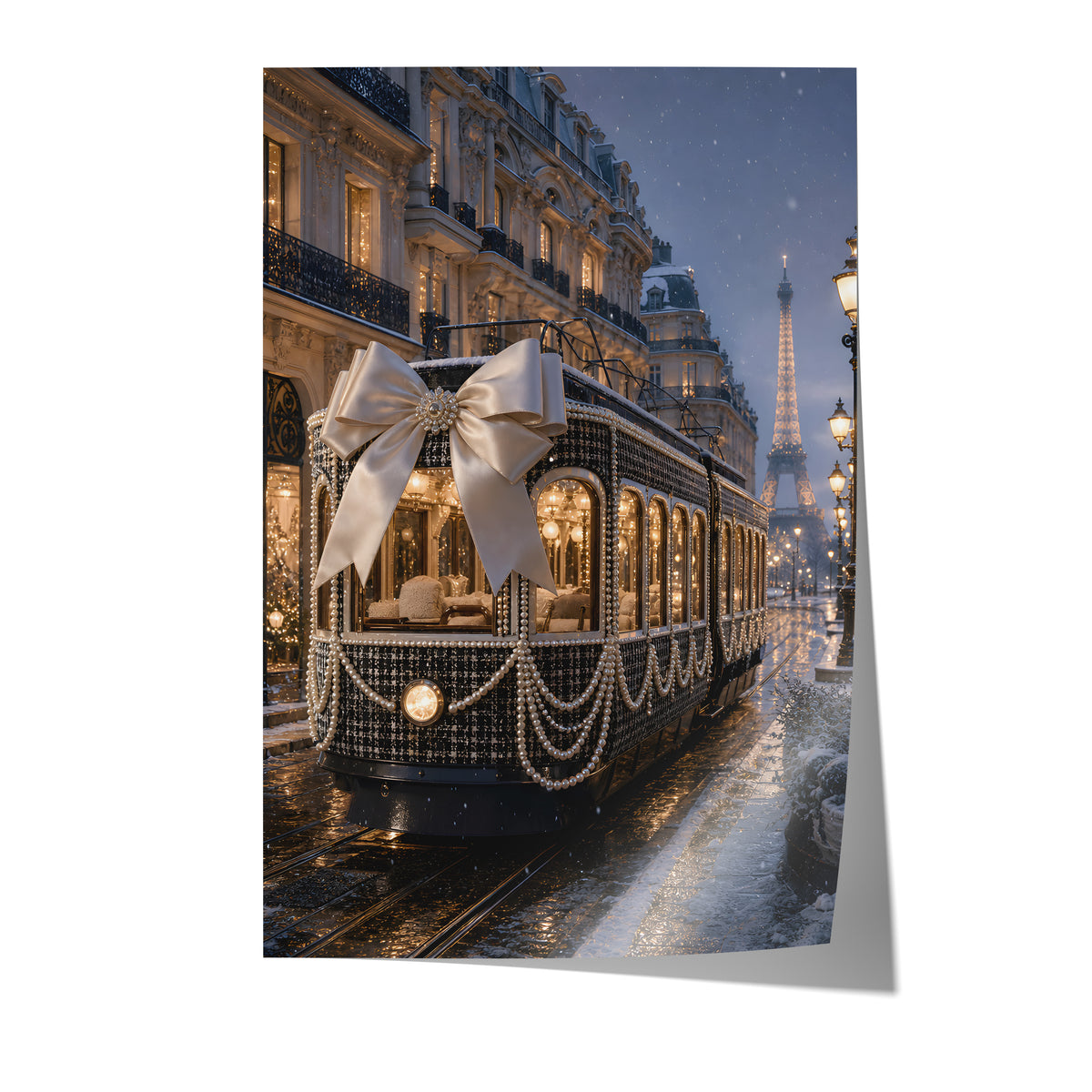 Poster mit dunkler Pariser Straßenbahn mit großer Satinschleife und Perlenketten im Abendlicht auf weißem Hintergrund.