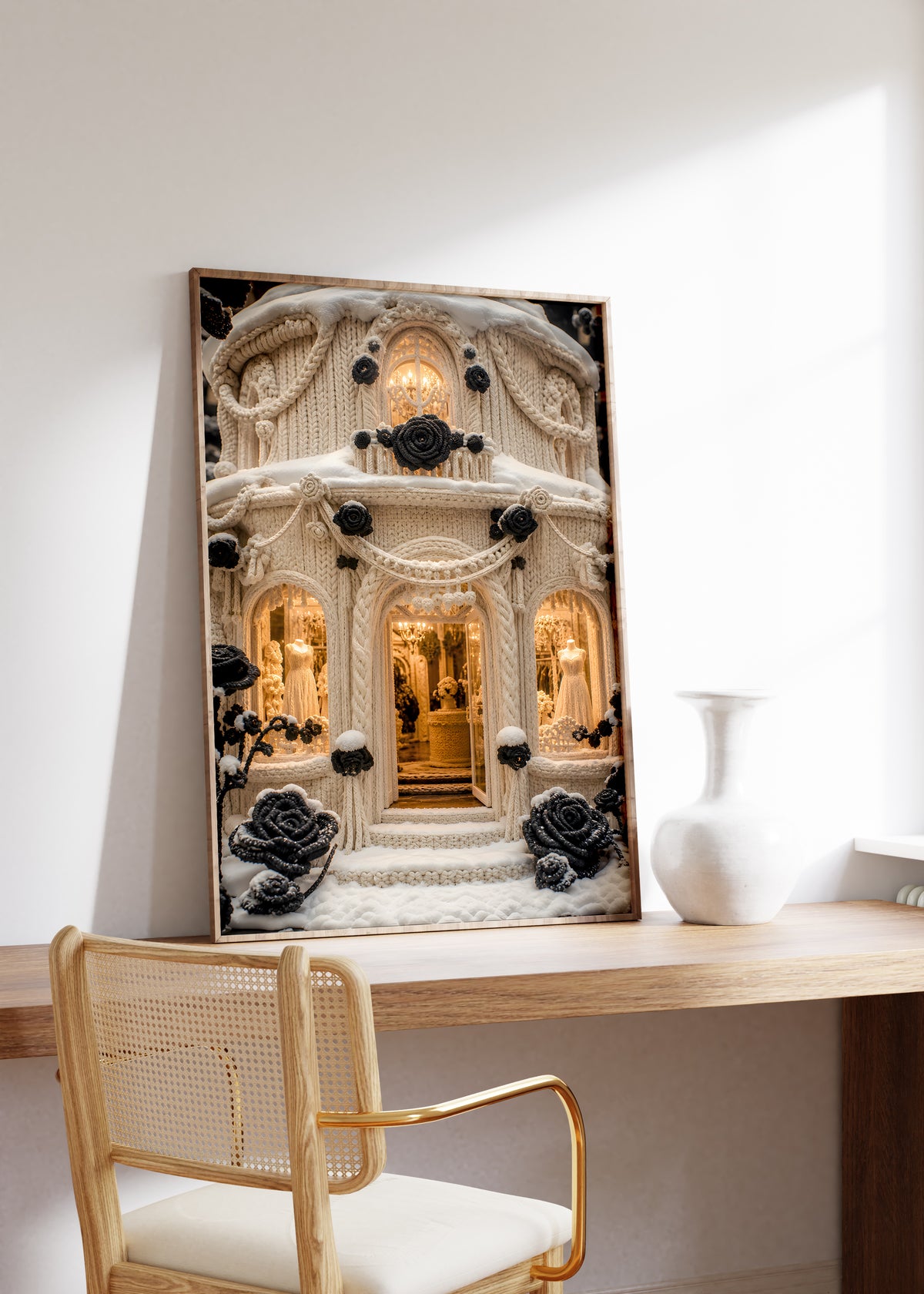 Gerahmtes Poster mit einer cremefarbenen Boutique in Strickoptik mit schwarzen Rosen und warm beleuchteten Fenstern, auf einem Holztisch neben einer weißen Vase.