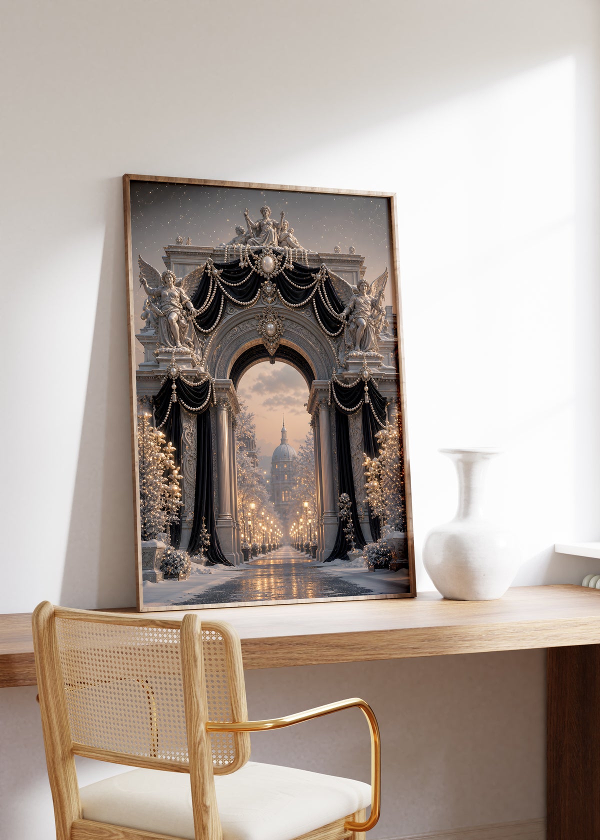 Gerahmtes Poster mit einem Pariser Triumphbogen mit schwarzem Samt, Perlenketten und goldenen Lichtern, auf einem Holztisch neben einer weißen Vase.