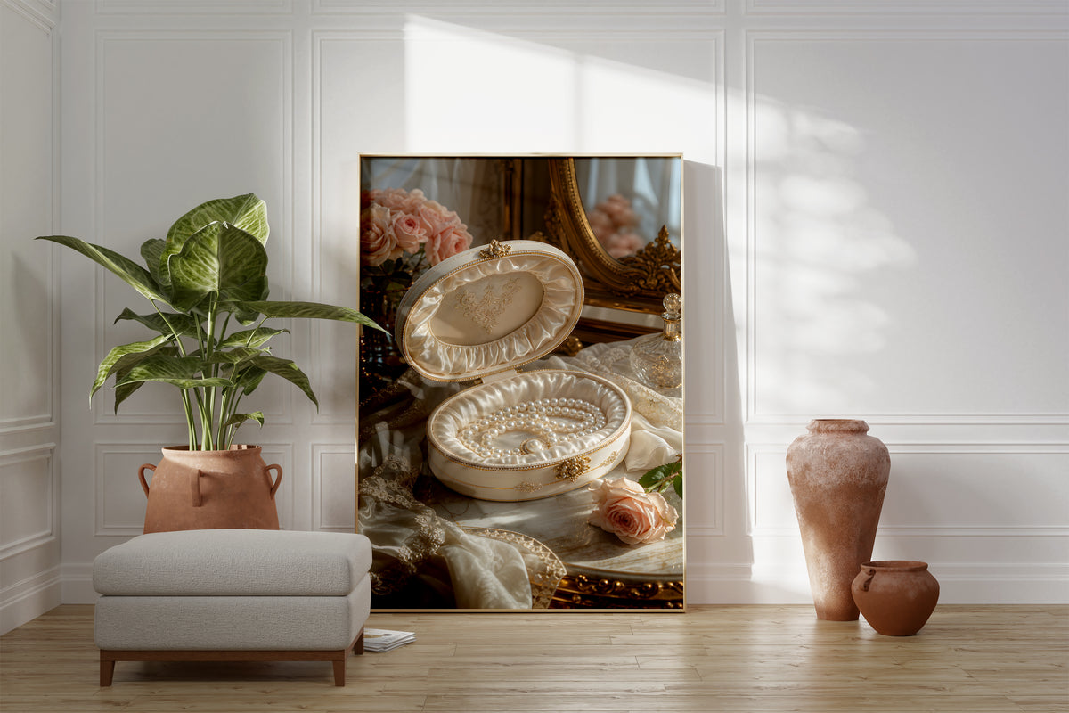 Motiv mit einer geöffneten cremefarbenen Schmuckschatulle mit Perlenkette und Rosen, als gerahmtes Poster neben Sessel und Zimmerpflanze.