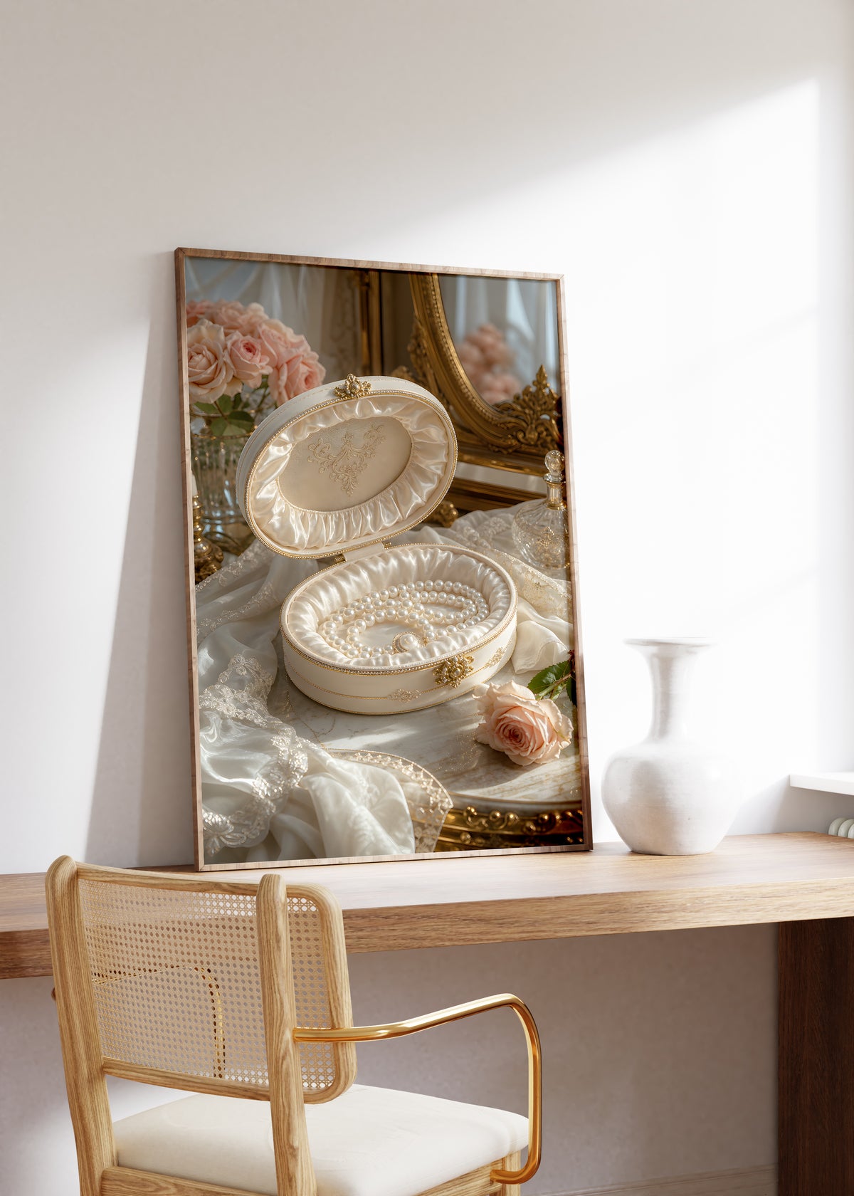 Gerahmtes Poster mit einer geöffneten cremefarbenen Schmuckschatulle mit Perlenkette und Rosen, auf einem Holztisch neben einer weißen Vase.