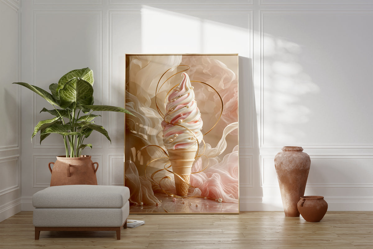 Motiv mit einem cremefarbenen Softeis mit Perlen und einer goldenen Spirale, als gerahmtes Poster neben Sessel und Zimmerpflanze.
