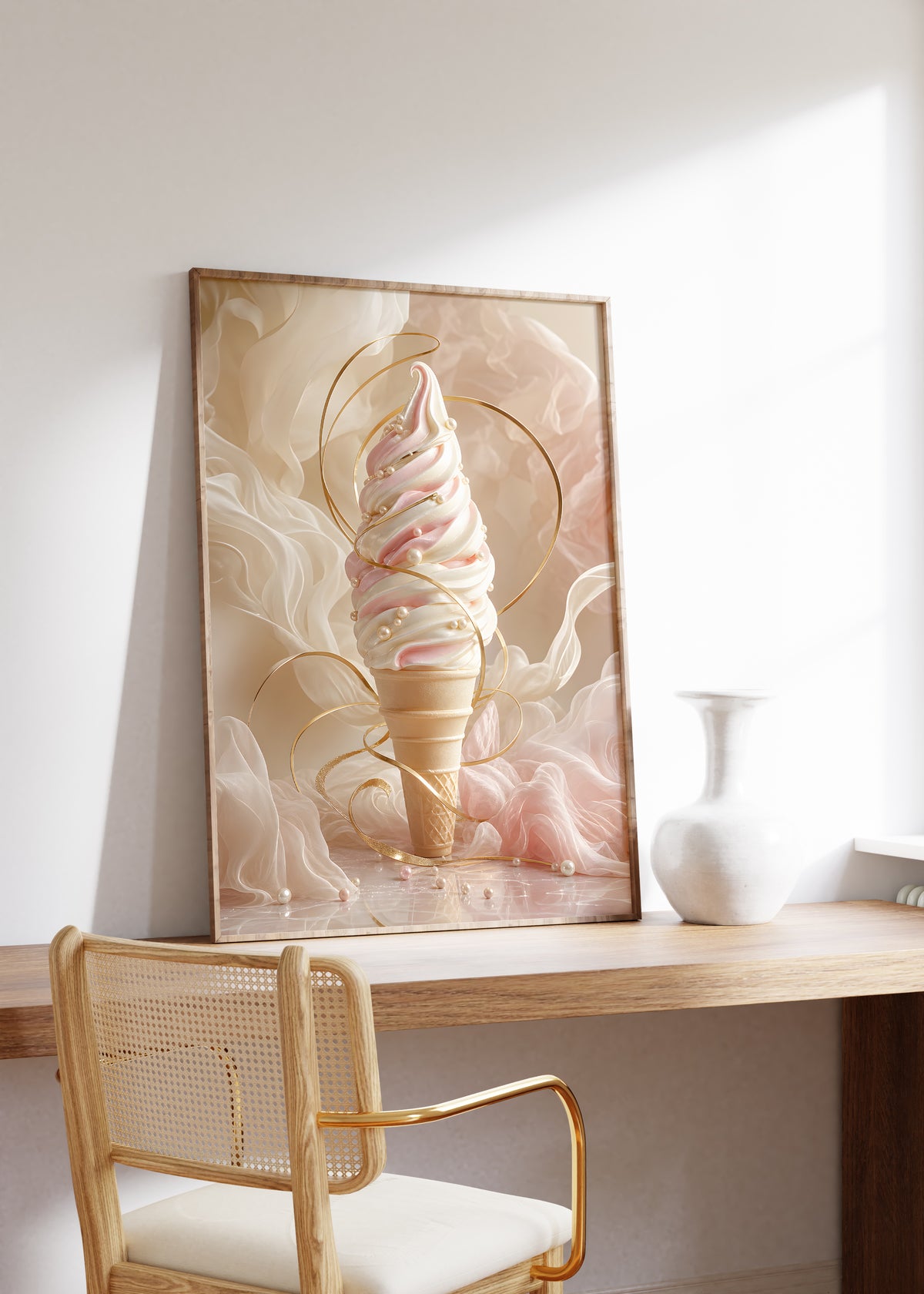 Gerahmtes Poster mit einem cremefarbenen Softeis mit Perlen und einer goldenen Spirale, auf einem Holztisch neben einer weißen Vase.