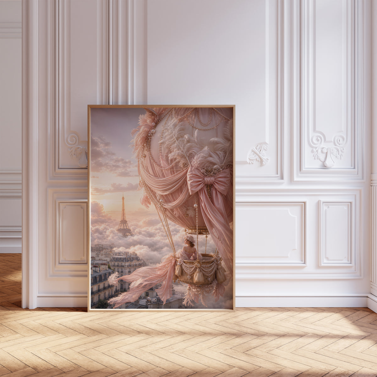 Gerahmtes Poster mit rosafarbenem Heißluftballon mit Perlen und Schleifen über Paris bei Sonnenuntergang, als einzelne Wanddekoration in einer Wohnraumansicht.