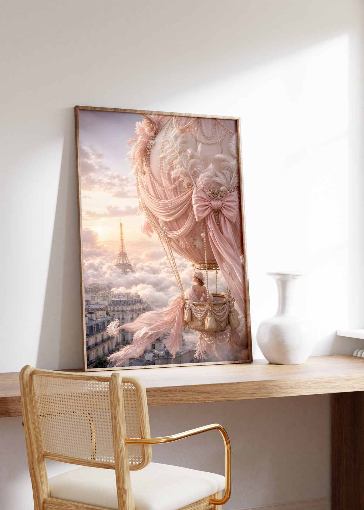 Gerahmtes Poster mit rosafarbenem Heißluftballon mit Perlen und Schleifen über Paris bei Sonnenuntergang, als einzelne Wanddekoration in einer Wohnraumansicht.