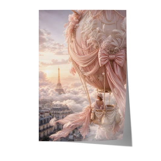 Poster mit rosafarbenem Heißluftballon mit Perlen und Schleifen über Paris bei Sonnenuntergang auf weißem Hintergrund.