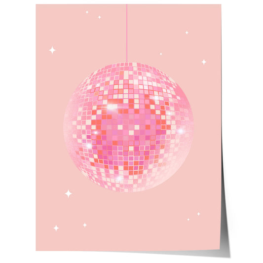 pink disco ball with sparkling mirror tiles retro party aesthetic poster