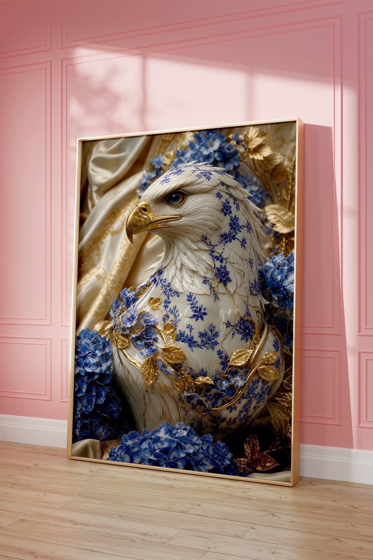Motiv mit einem weiß-blauen Adler mit goldenem Schnabel und blauen Hortensien, als gerahmtes Poster vor einer rosafarbenen Wand.
