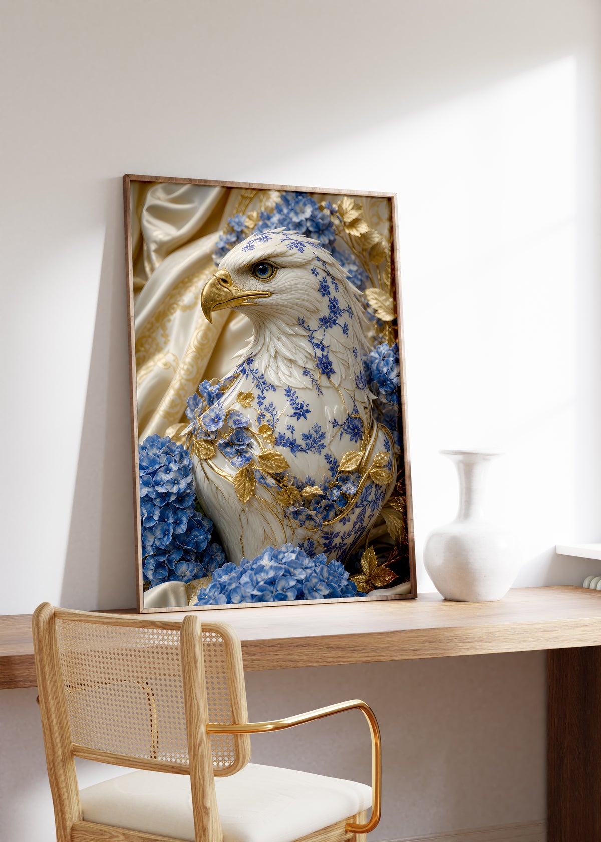 Gerahmtes Poster mit einem weiß-blauen Adler mit goldenem Schnabel und blauen Hortensien, auf einem Holztisch neben einer weißen Vase.