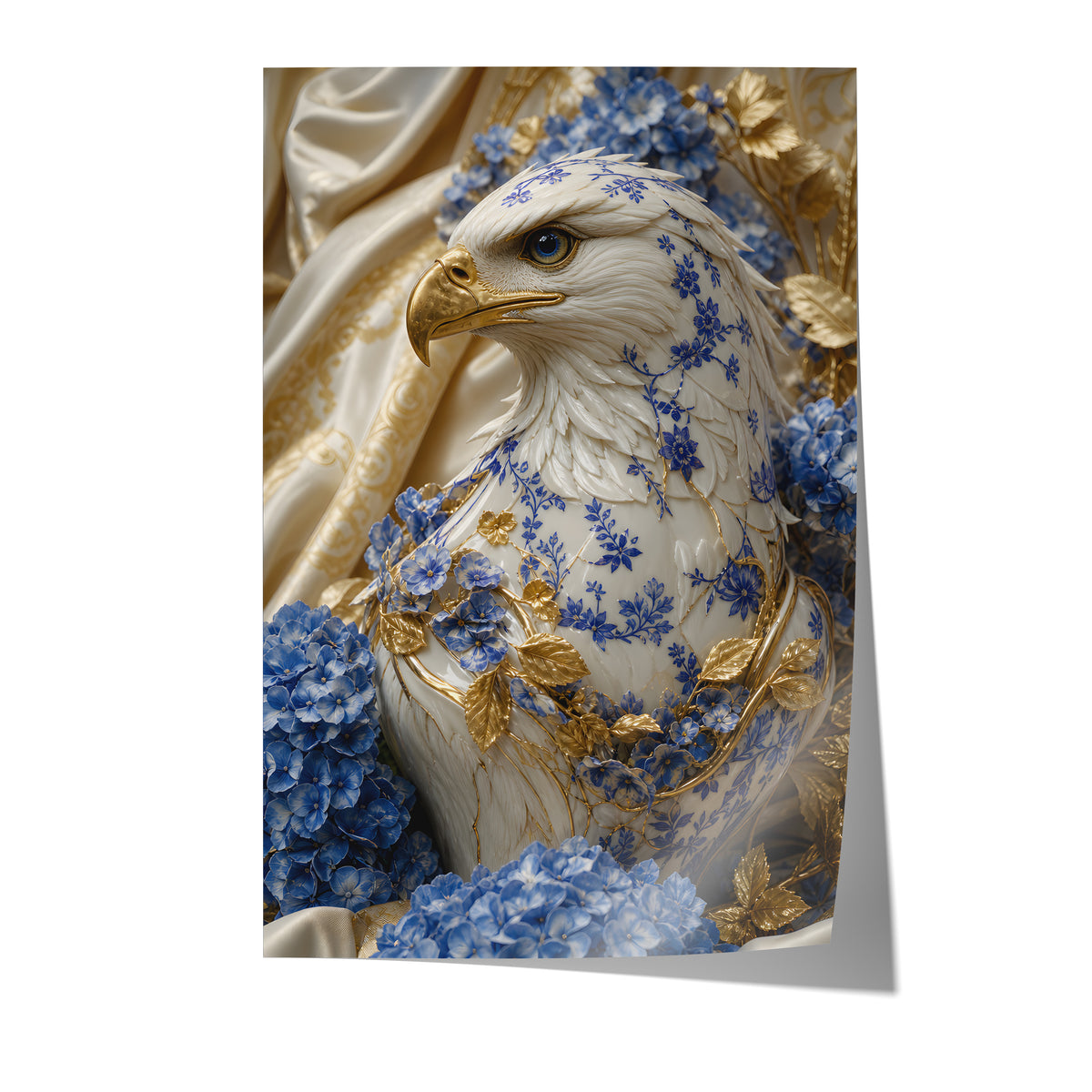 Poster mit einem weiß-blauen Adler mit goldenem Schnabel und blauen Hortensien auf weißem Hintergrund.