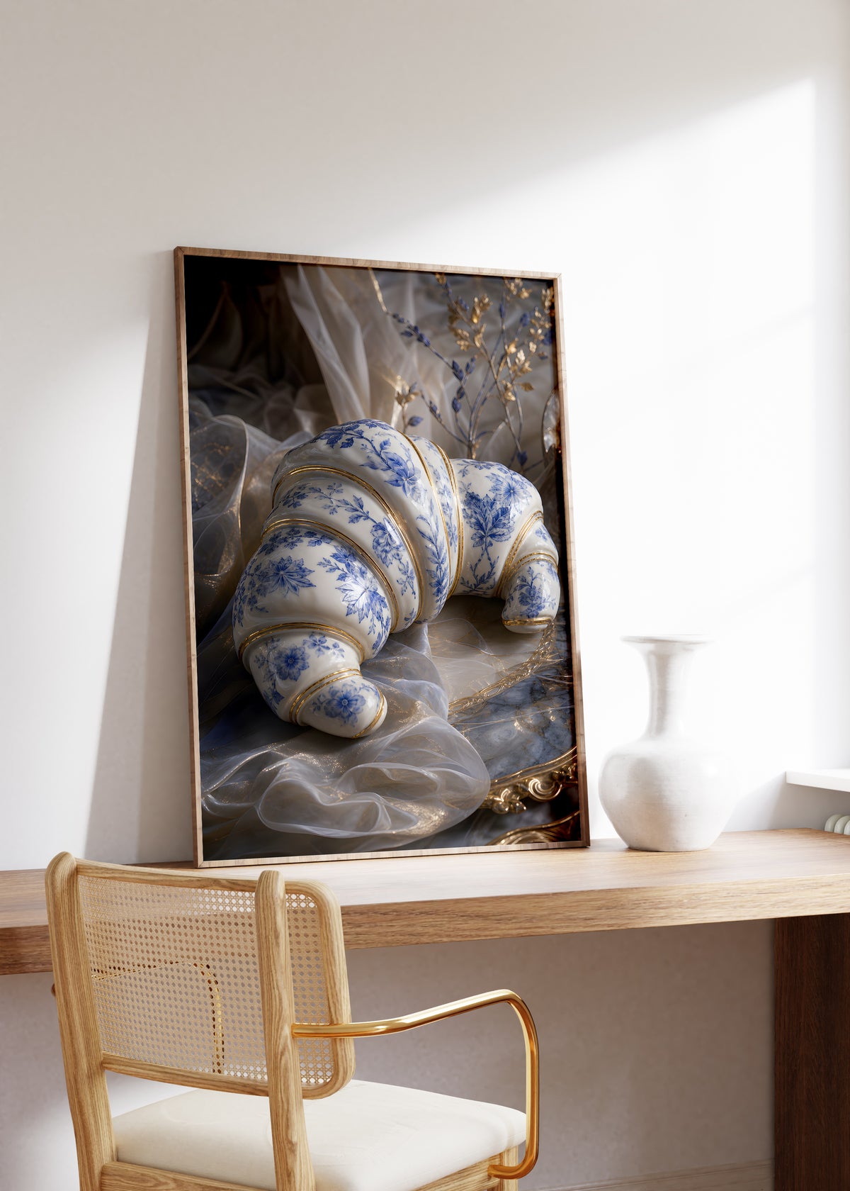 Gerahmtes Poster mit einem weiß-blauen Croissant in Porzellanoptik mit goldenen Verzierungen, auf einem Holztisch neben einer weißen Vase.