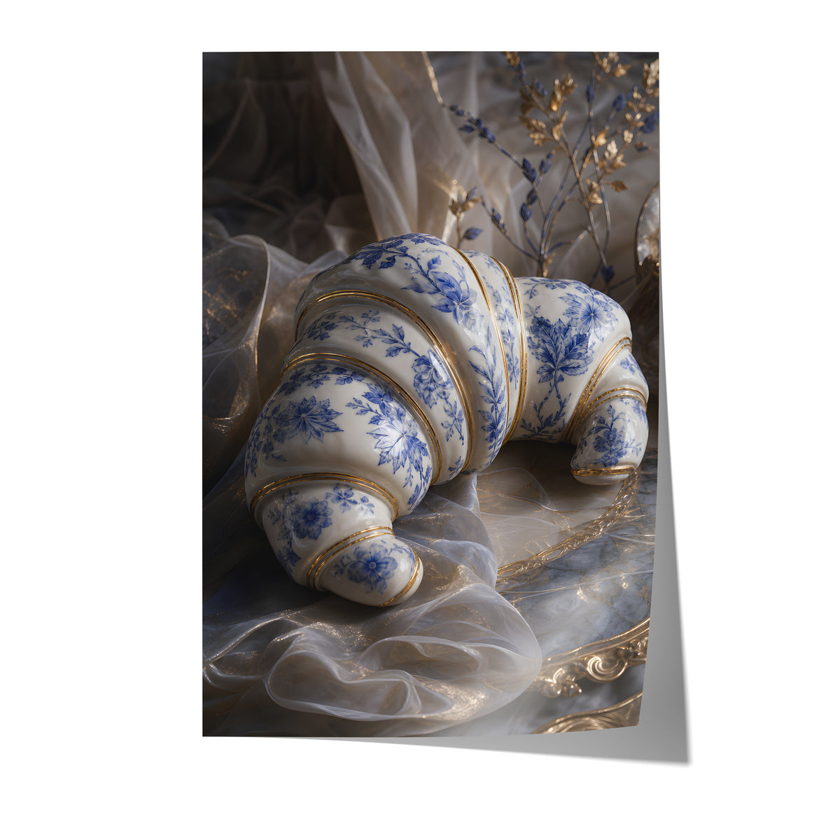 Poster mit einem weiß-blauen Croissant in Porzellanoptik mit goldenen Verzierungen auf weißem Hintergrund.