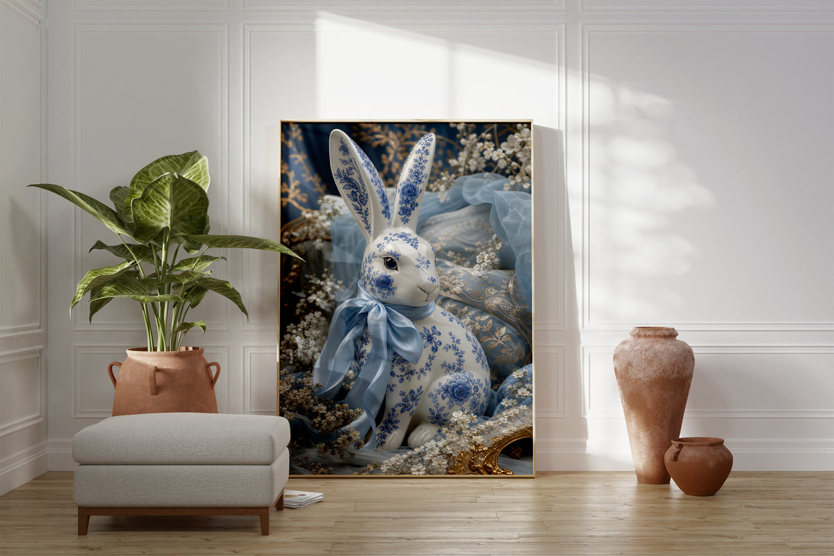 Motiv mit einem weiß-blauen Porzellanhasen mit hellblauer Satinschleife, als gerahmtes Poster neben Sessel und Zimmerpflanze.