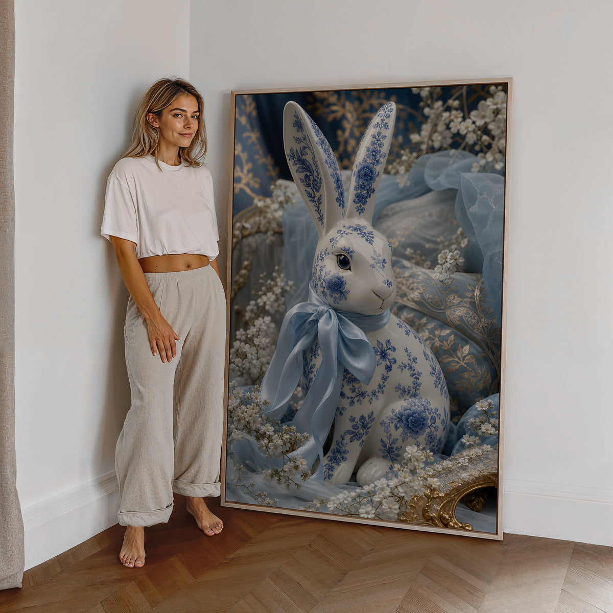 Motiv mit einem weiß-blauen Porzellanhasen mit hellblauer Satinschleife, als großes gerahmtes Wandbild neben einer Frau.