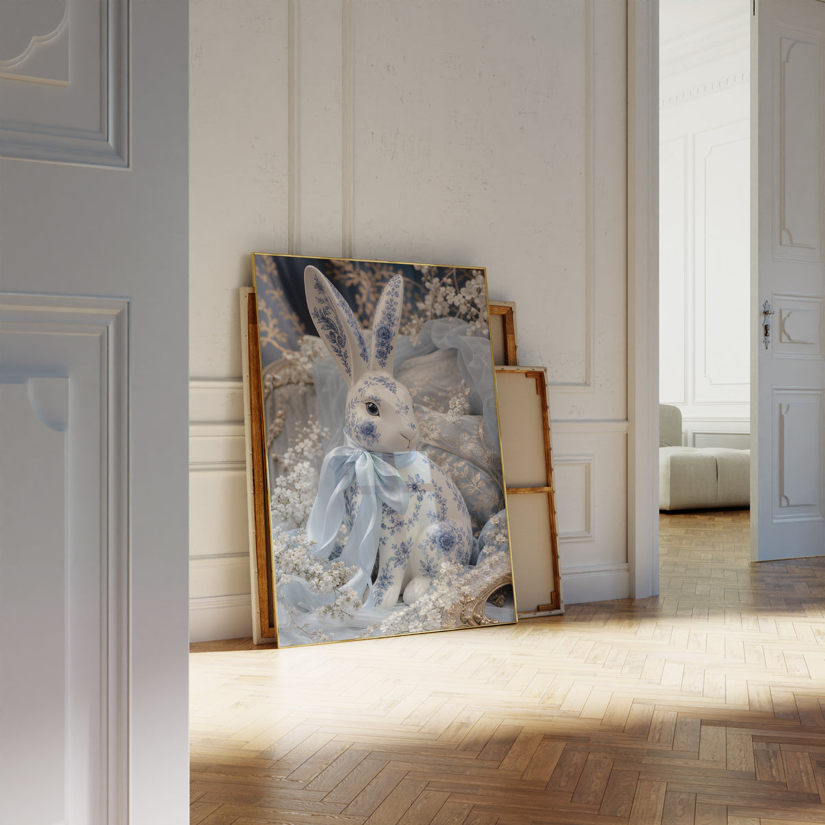 Motiv mit einem weiß-blauen Porzellanhasen mit hellblauer Satinschleife, als an die Wand gelehntes Poster neben leeren Rahmen.