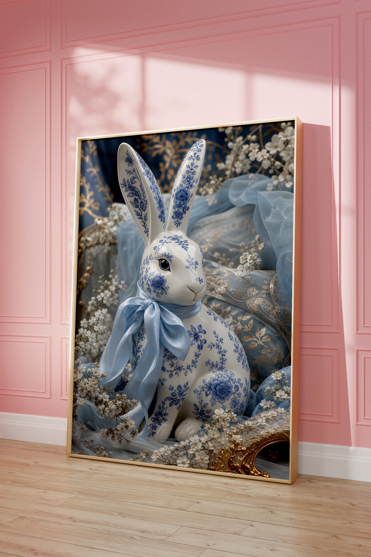 Motiv mit einem weiß-blauen Porzellanhasen mit hellblauer Satinschleife, als gerahmtes Poster vor einer rosafarbenen Wand.