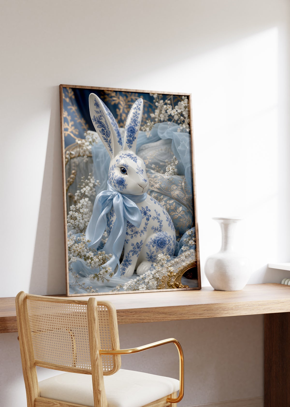 Gerahmtes Poster mit einem weiß-blauen Porzellanhasen mit hellblauer Satinschleife, auf einem Holztisch neben einer weißen Vase.