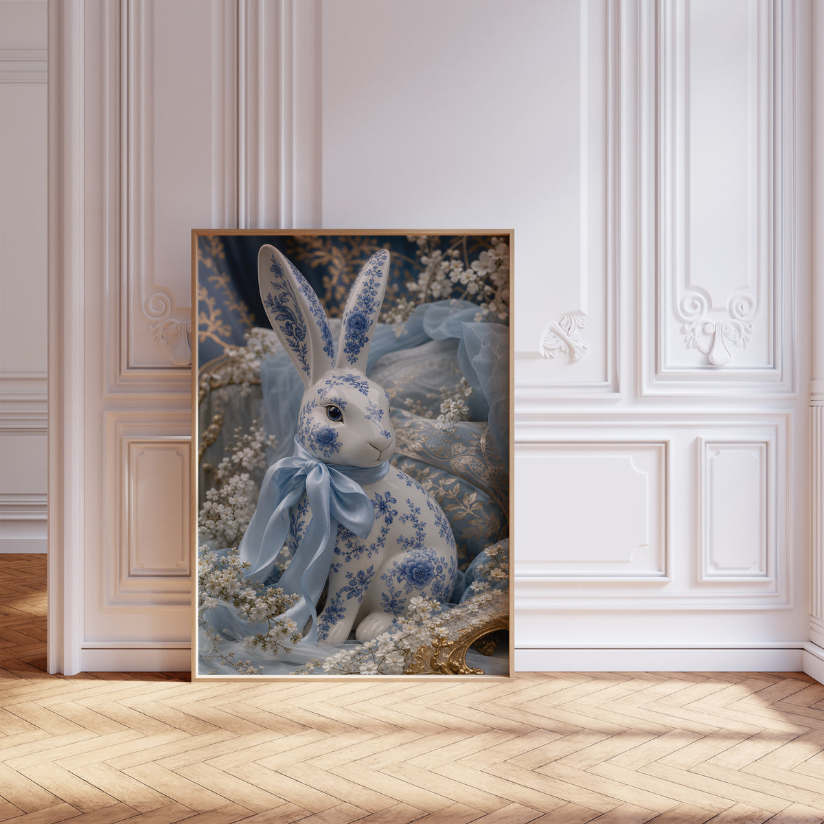 Gerahmtes Poster mit einem weiß-blauen Porzellanhasen mit hellblauer Satinschleife, vor einer weißen Wand mit Zierleisten.