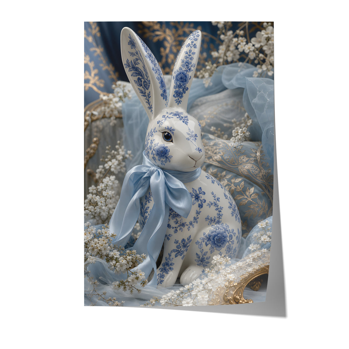 Poster mit einem weiß-blauen Porzellanhasen mit hellblauer Satinschleife auf weißem Hintergrund.