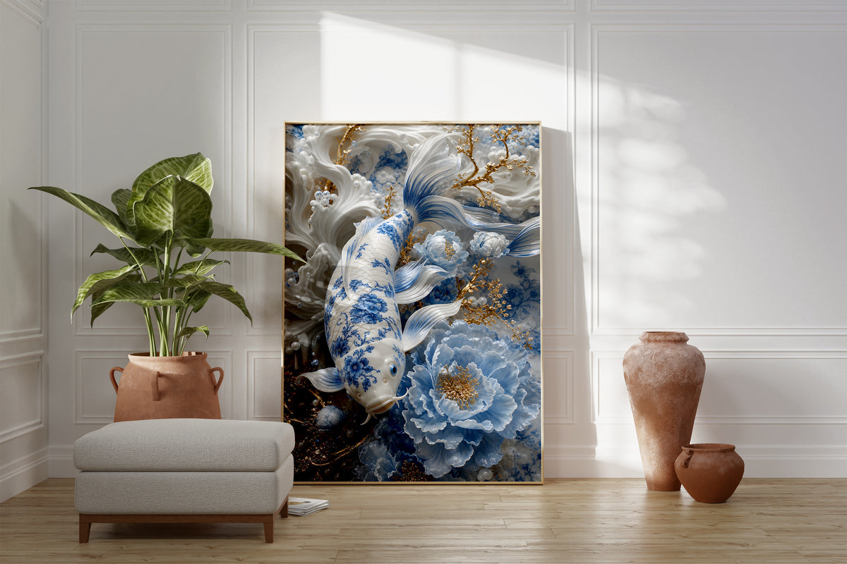 Motiv mit einem weiß-blauen Koi, hellblauen Blüten und goldenen Zweigen, als gerahmtes Poster neben Sessel und Zimmerpflanze.