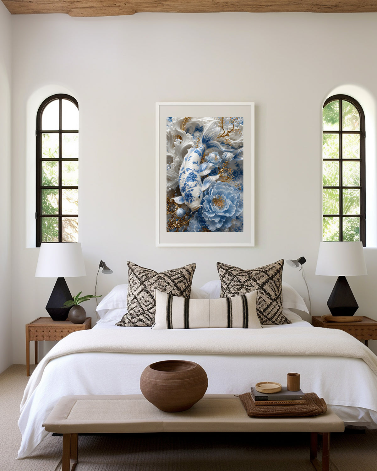 Motiv mit einem weiß-blauen Koi, hellblauen Blüten und goldenen Zweigen, als gerahmtes Poster in den Händen einer Frau.