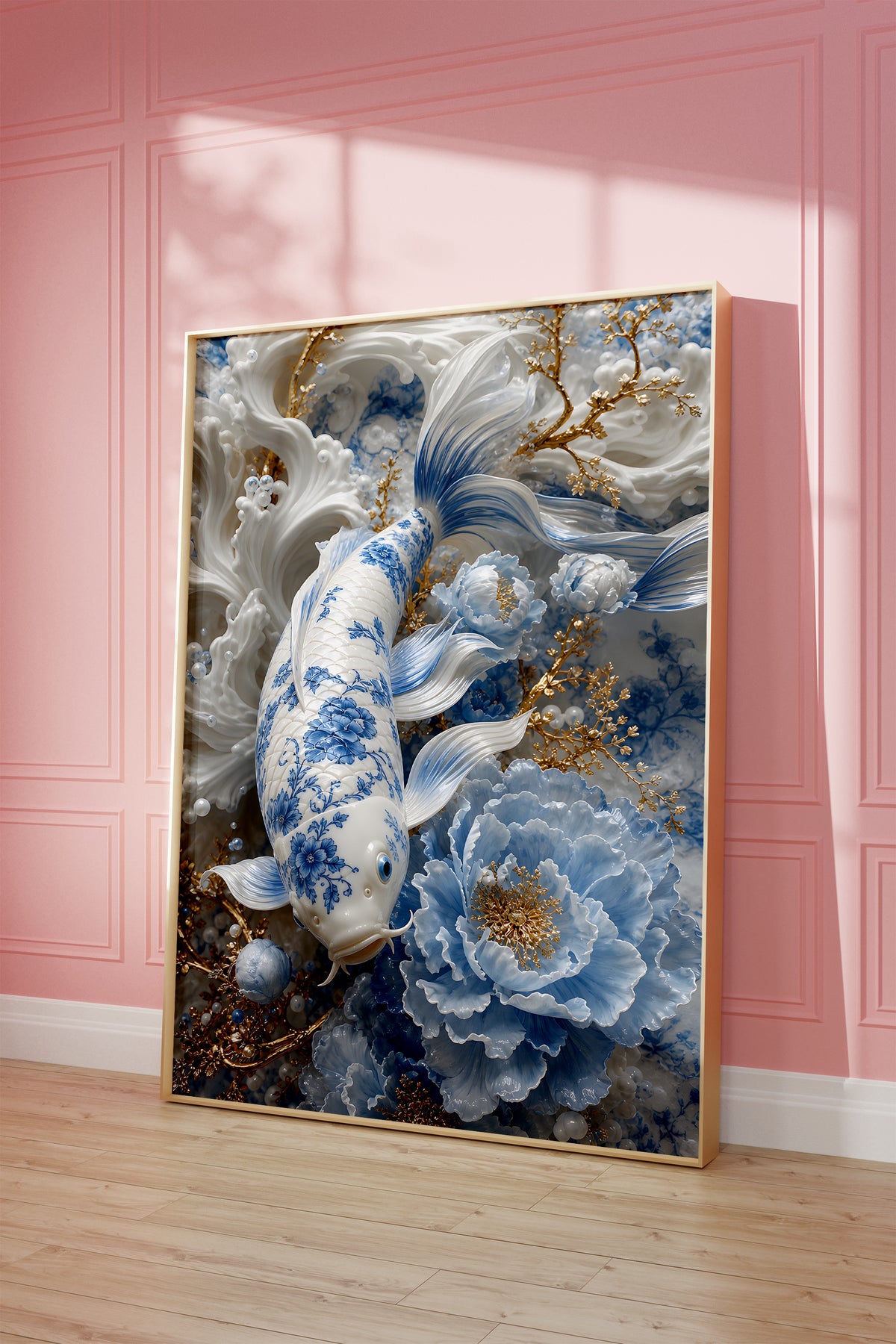 Motiv mit einem weiß-blauen Koi, hellblauen Blüten und goldenen Zweigen, als gerahmtes Poster vor einer rosafarbenen Wand.