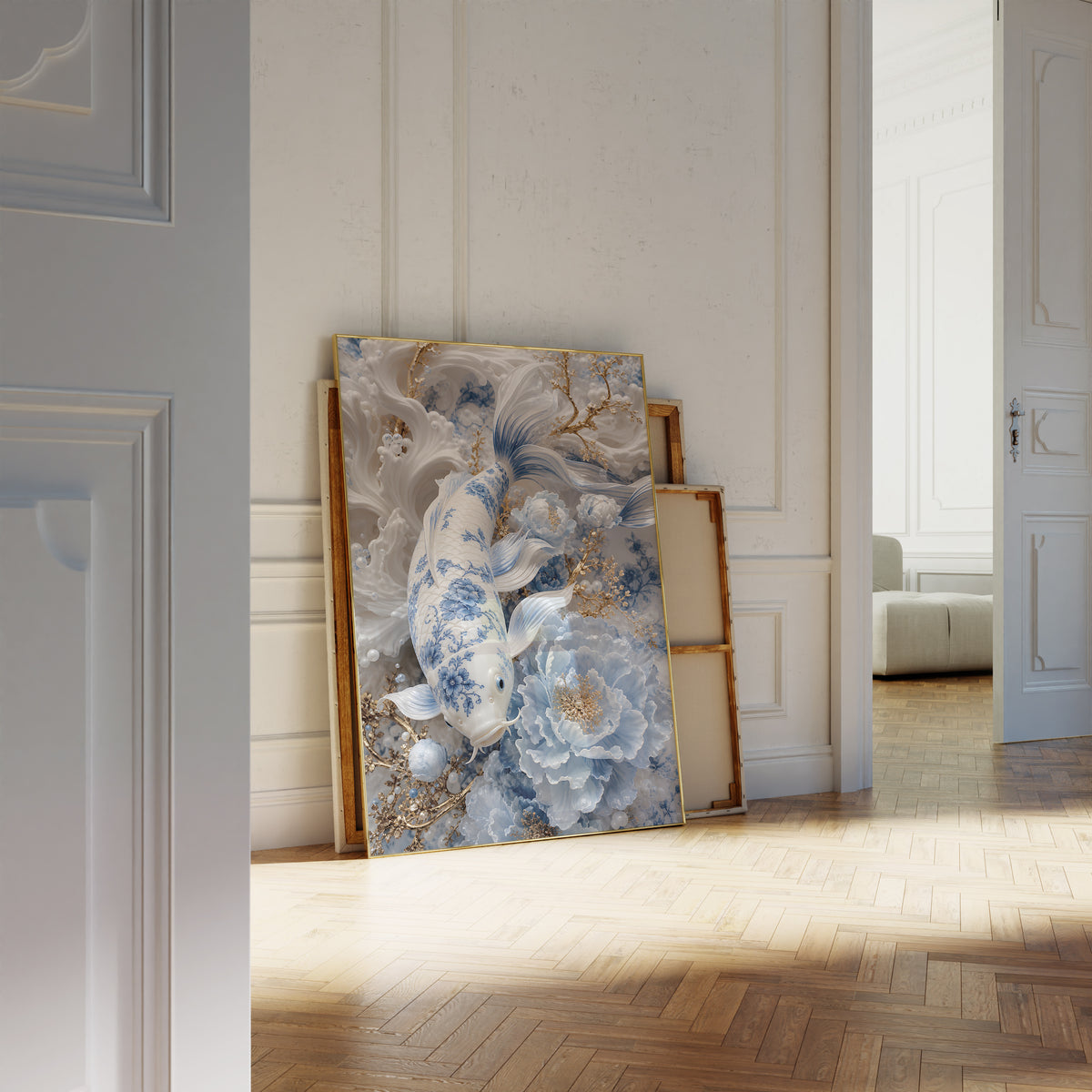 Motiv mit einem weiß-blauen Koi, hellblauen Blüten und goldenen Zweigen, als an die Wand gelehntes Poster neben leeren Rahmen.