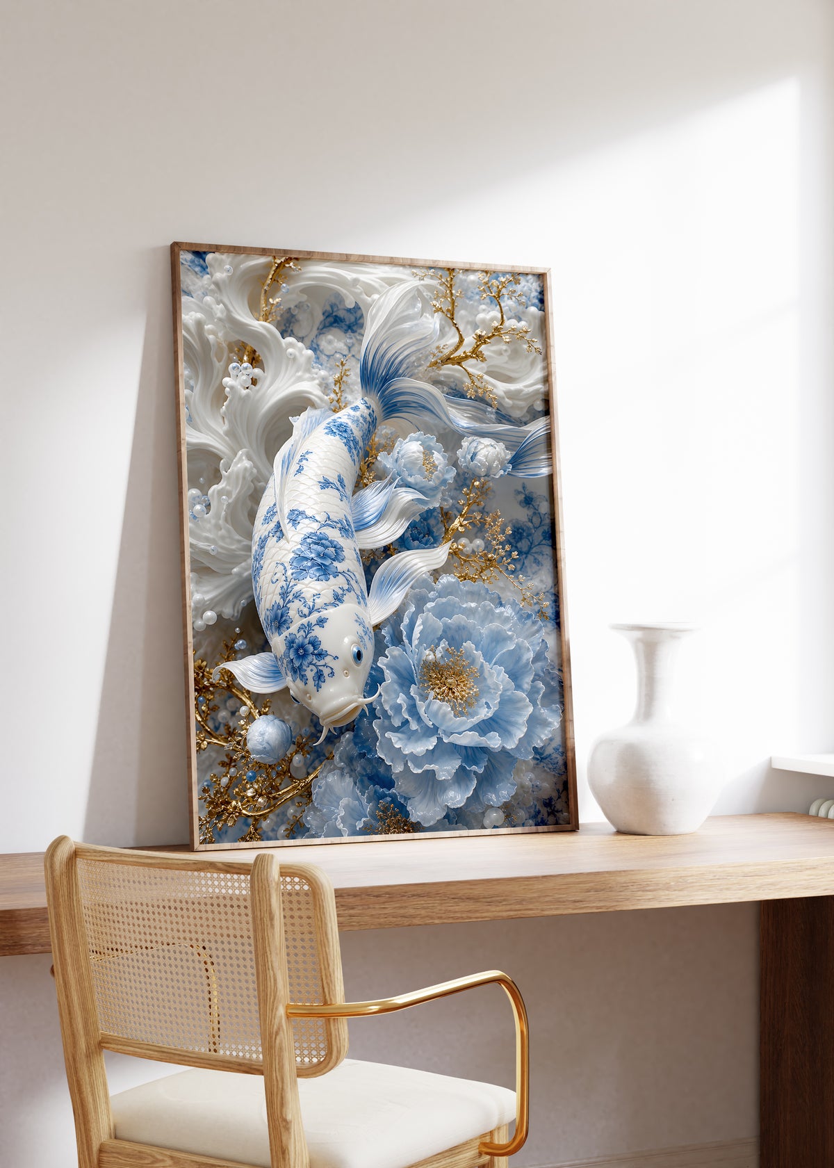 Gerahmtes Poster mit einem weiß-blauen Koi, hellblauen Blüten und goldenen Zweigen, auf einem Holztisch neben einer weißen Vase.