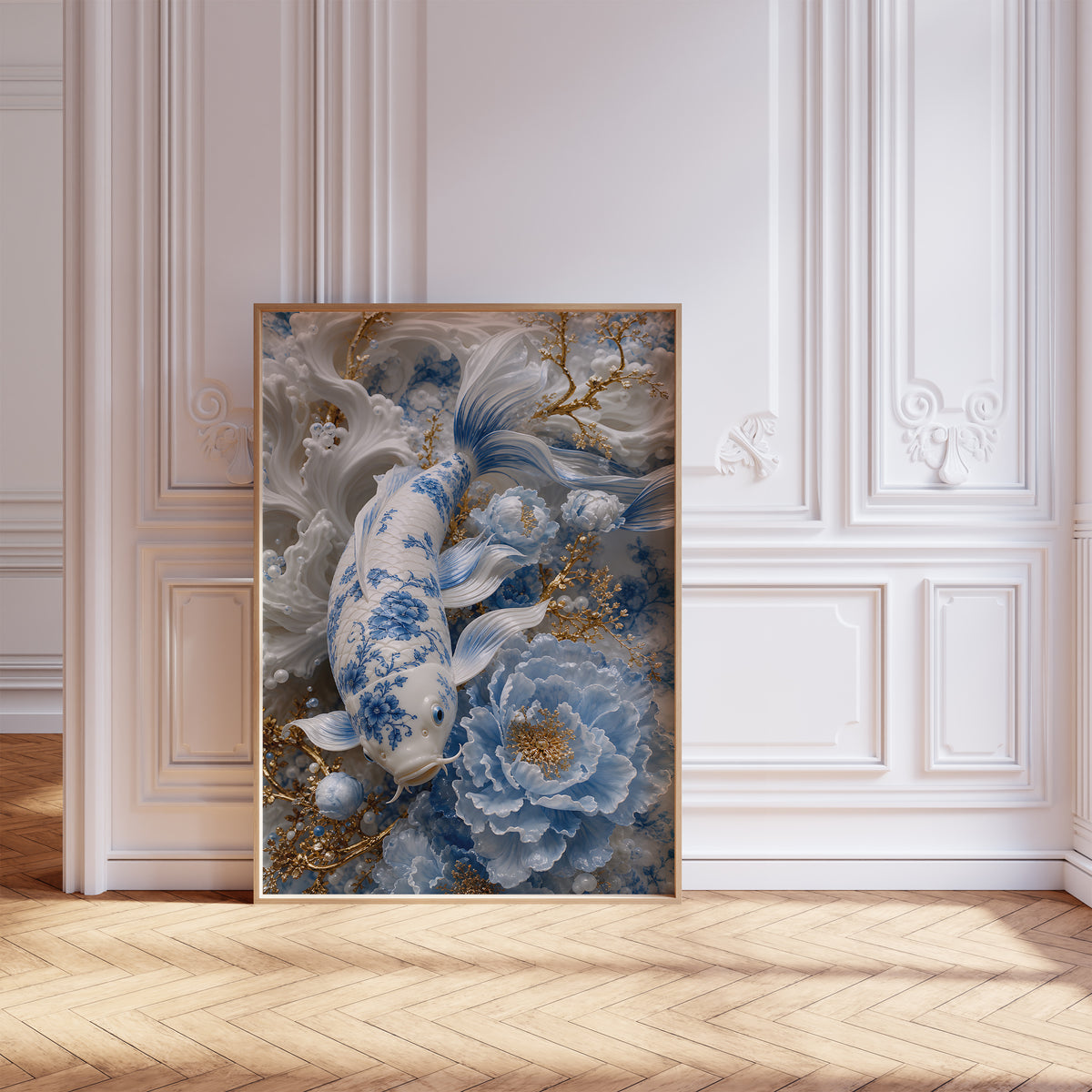 Gerahmtes Poster mit einem weiß-blauen Koi, hellblauen Blüten und goldenen Zweigen, vor einer weißen Wand mit Zierleisten.