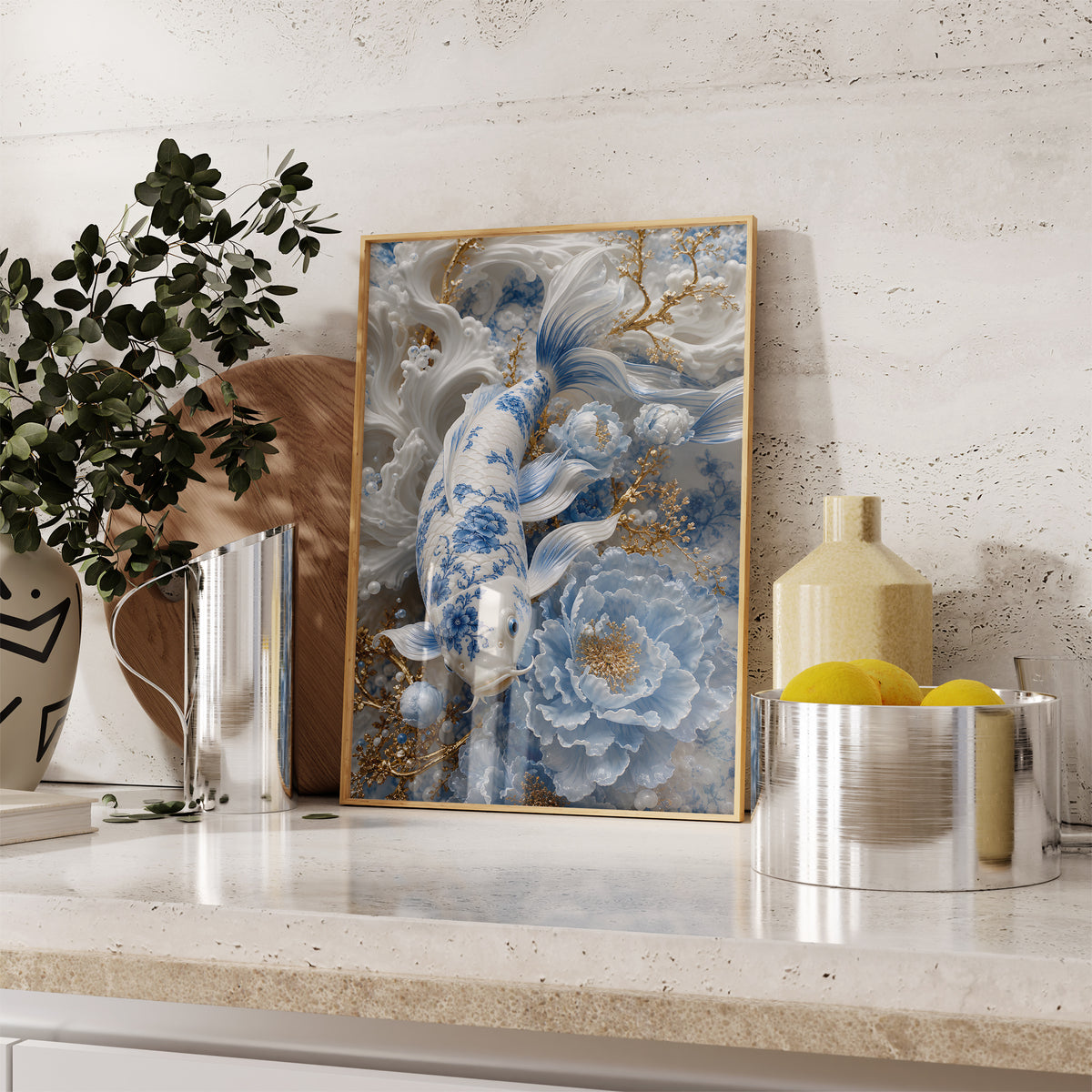 Gerahmtes Poster mit einem weiß-blauen Koi, hellblauen Blüten und goldenen Zweigen, auf einer Küchenarbeitsplatte neben Pflanzen und Zitronen.