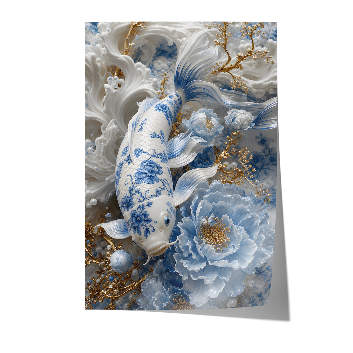 Poster mit einem weiß-blauen Koi, hellblauen Blüten und goldenen Zweigen auf weißem Hintergrund.