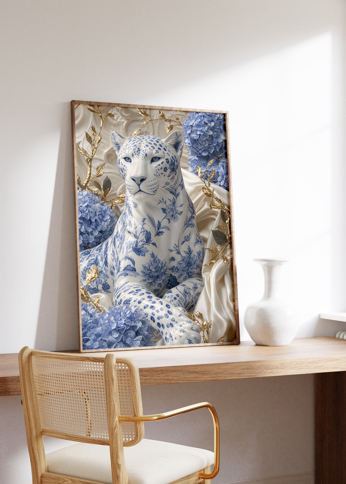 Gerahmtes Poster mit weißem Panther mit blauem Porzellanmuster zwischen Hortensien und goldenen Zweigen, als einzelne Wanddekoration in einer Wohnraumansicht.
