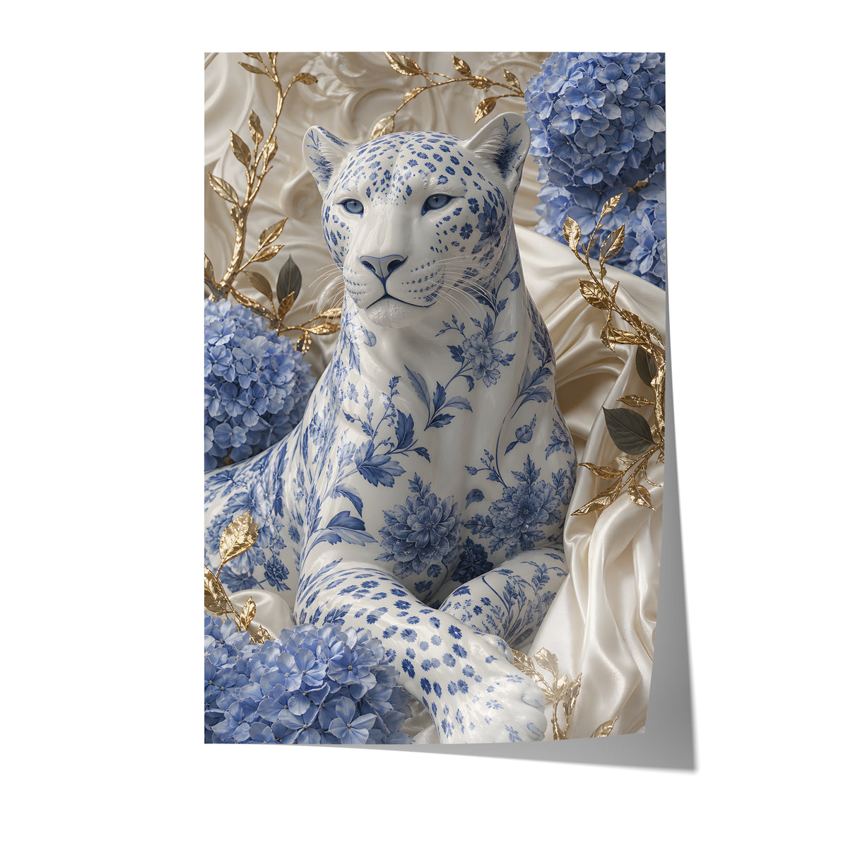 Poster mit weißem Panther mit blauem Porzellanmuster zwischen Hortensien und goldenen Zweigen auf weißem Hintergrund.
