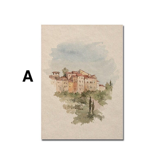 Poster Aquarell Marokkanische Architektur Meeresküste Wolken und Pflanze als Deko Print ohne Rahmen