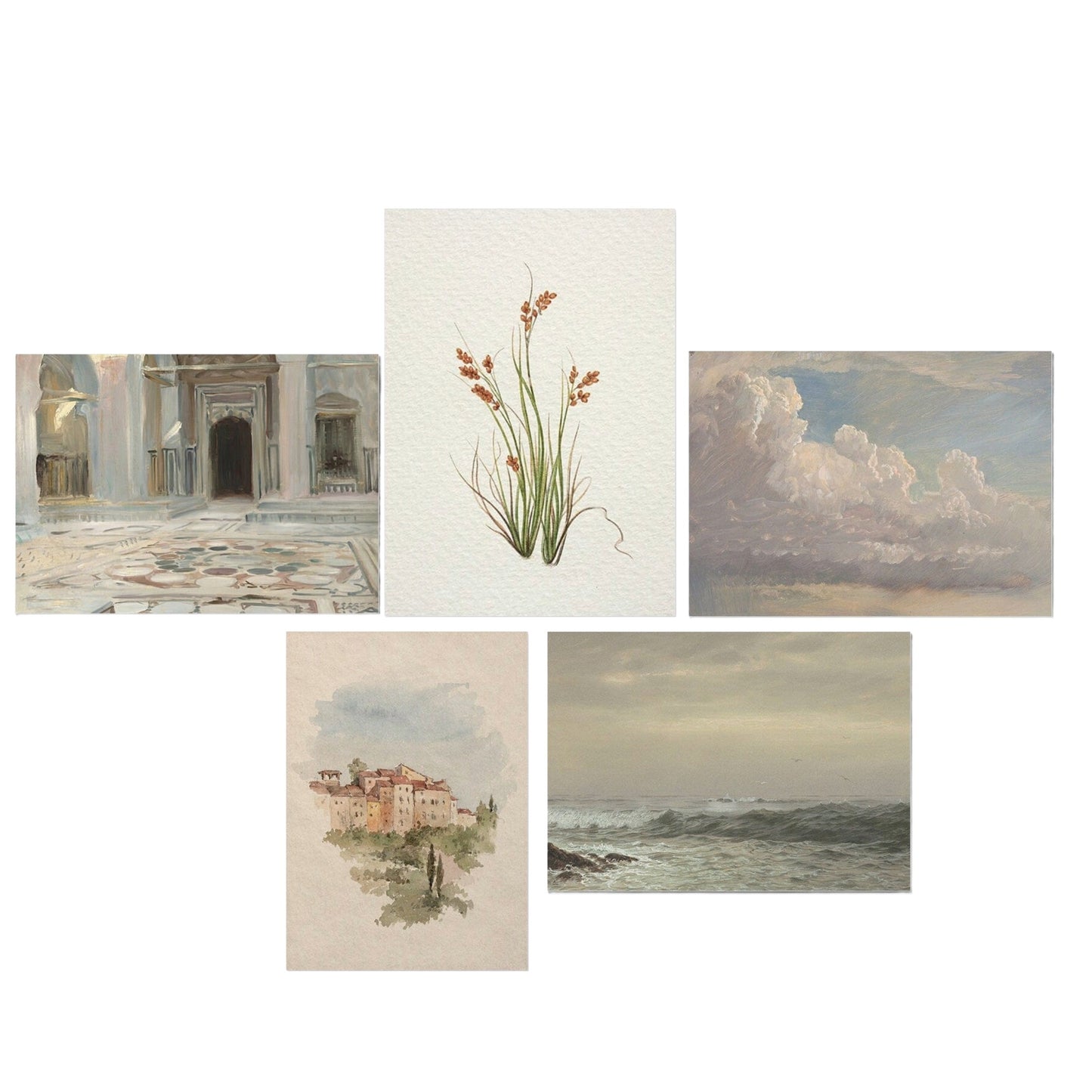 Poster Aquarell Marokkanische Architektur Meeresküste Wolken und Pflanze als Deko Print ohne Rahmen
