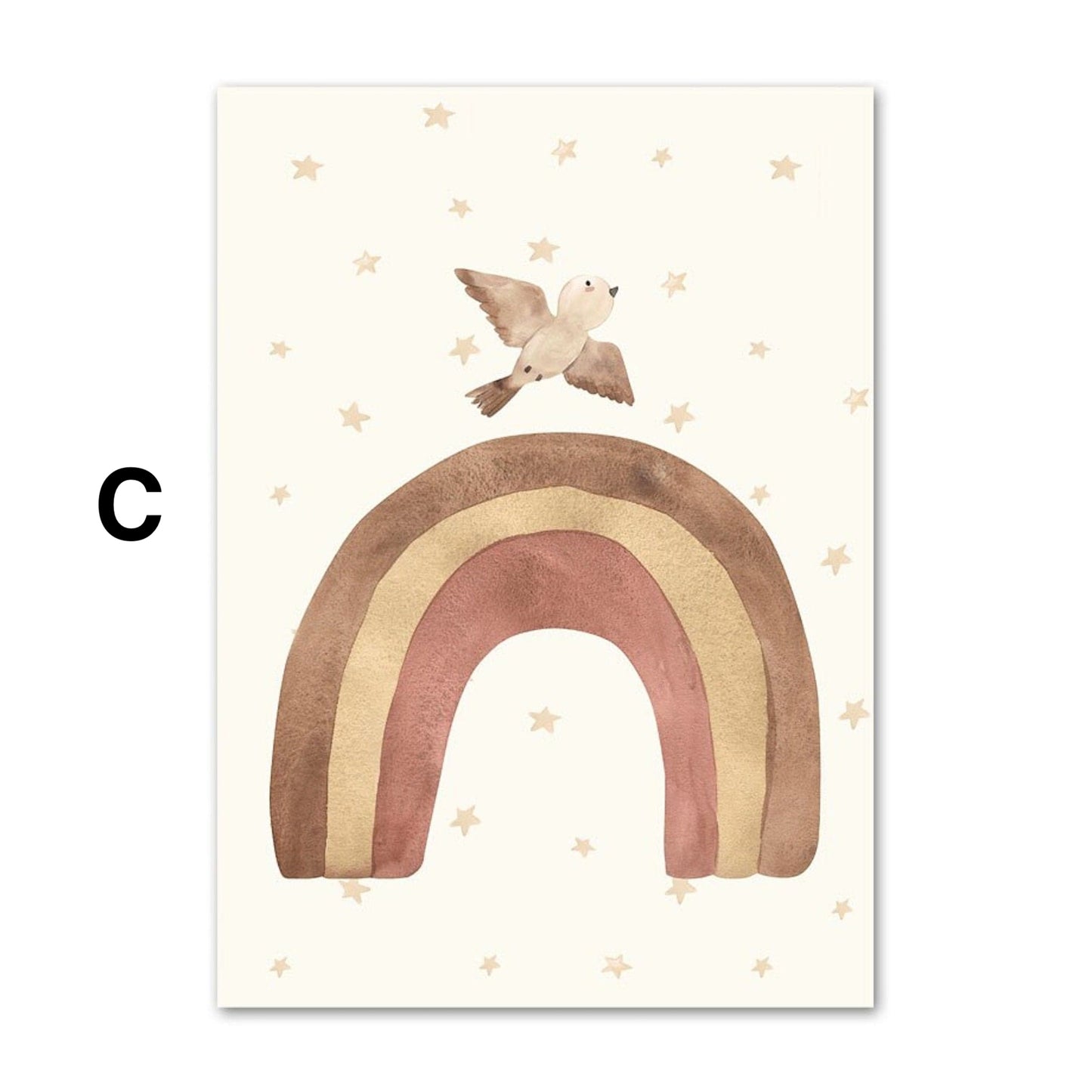 Poster Babyzimmer Bilder Löwe und Bär mit Luftballons Regenbogen Elefant und Hase fliegt und Sternenhimmel als Deko Print ohne Rahmen