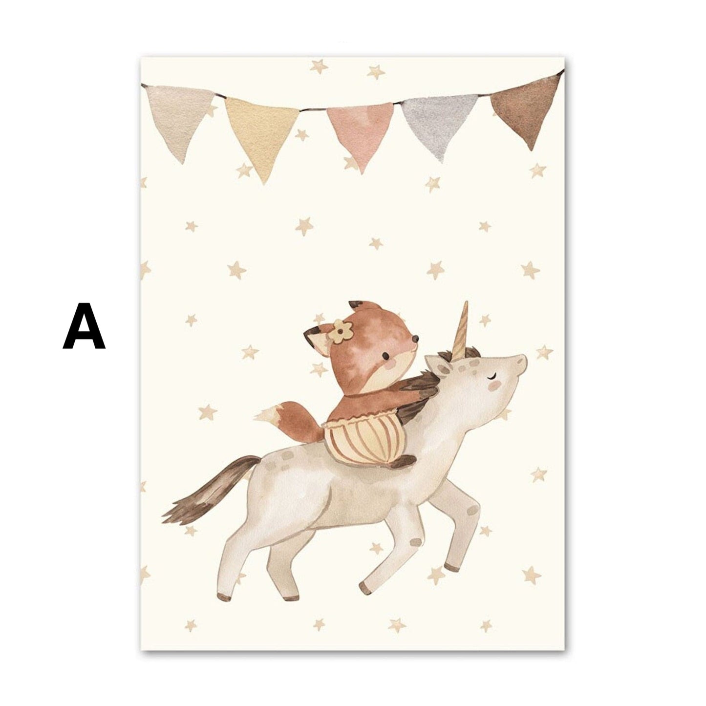 Poster Babyzimmer Bilder Löwe und Bär mit Luftballons Regenbogen Elefant und Hase fliegt und Sternenhimmel als Deko Print ohne Rahmen