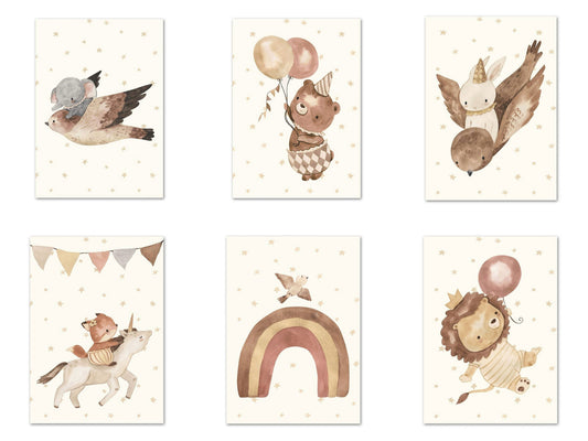 Poster Babyzimmer Bilder Löwe und Bär mit Luftballons Regenbogen Elefant und Hase fliegt und Sternenhimmel als Deko Print ohne Rahmen